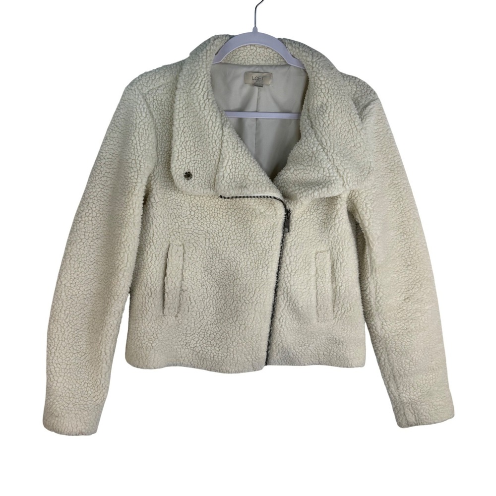 LOFT Outlet Cream Sherpa Moto Jacket Asymmetrical Zip Faux Shearling XS 485441